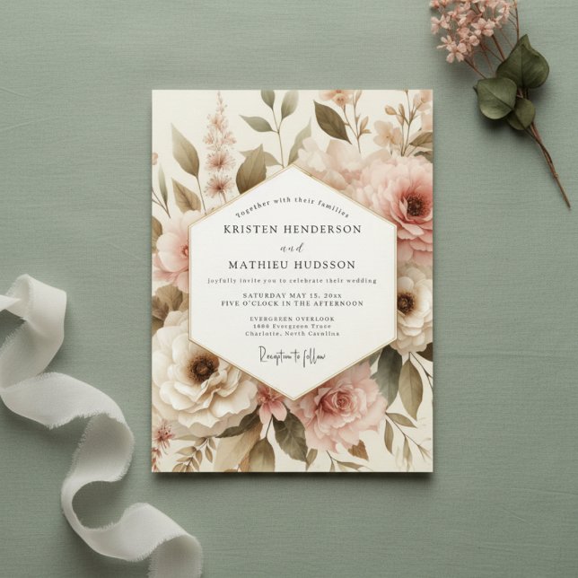 Rosa Botanische Romanze Hochzeit Einladung (Von Creator hochgeladen)