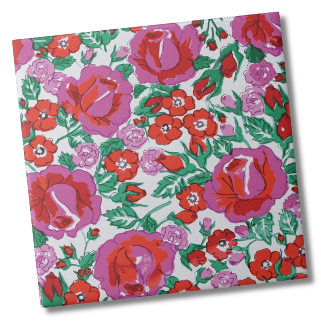 Rosa Botanische Rose Blumenmuster Fliese (Elegant Botanical Rose Pink Red Floral Pattern ceramic tile)