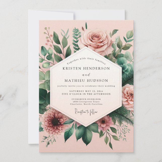 Rosa Botanische Whimsy-Hochzeit Einladung (Vorderseite)