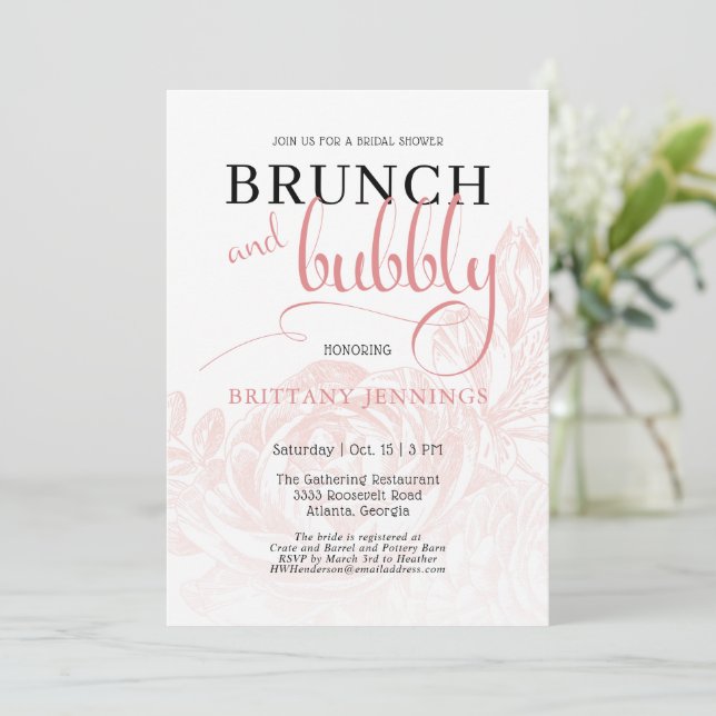 Rosa Botanischer Brunch und Bubbly Brautparty Einladung (Stehend Vorderseite)