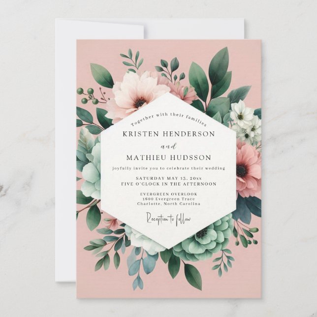 Rosa Botanischer Traumhochzeit Einladung (Vorderseite)