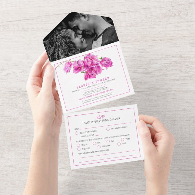 Rosa Bougainvillea Aquarell Hochzeit RSVP Optionen All In One Einladung (Abreißen)