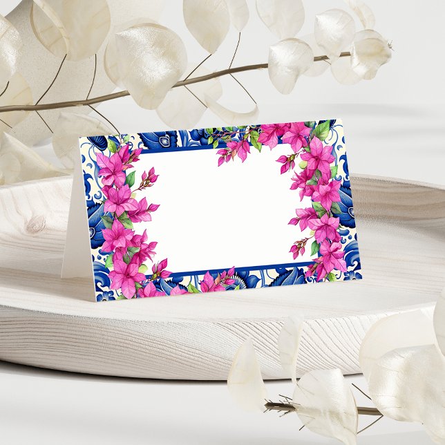 Rosa Bougainvillea Blaue Fliese Platzkarte (Pink Bougainvillea Blue Tile Place Card)