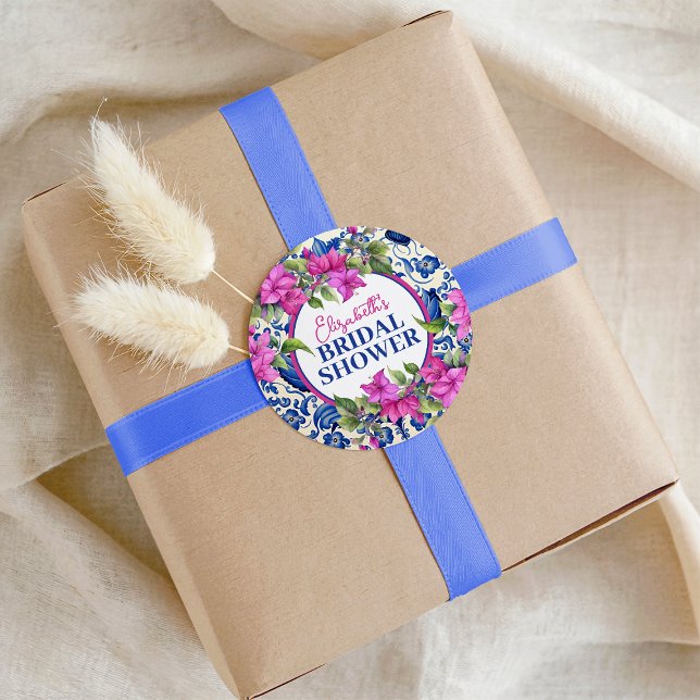 Rosa Bougainvillea Blaue Fliesen-Brautparty Runder Aufkleber (Pink Bougainvillea Blue Tile Bridal Shower Classic Round Sticker)