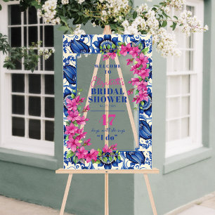 Rosa Bougainvillea Blaue Fliesen Hochzeitsdusche W Acrylschild