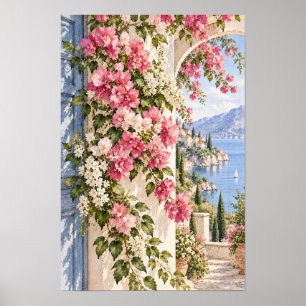 Rosa Bougainvillea-Seelandschaftstor-Wandkunst Poster