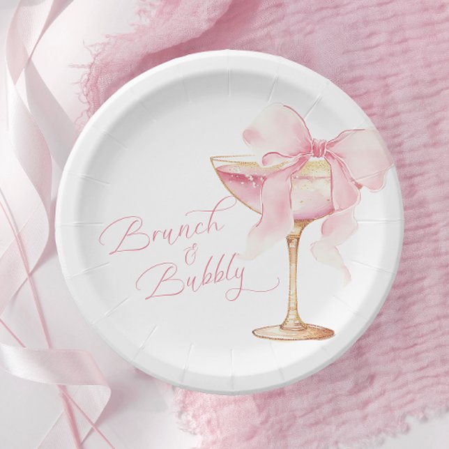 Rosa Bow Brunch und Bubbly Brautparty-Teller Pappteller (Von Creator hochgeladen)