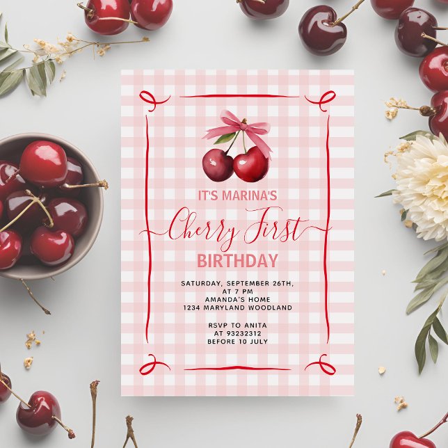 Rosa Bow Cherry Einladung zum ersten Geburtstag (Von Creator hochgeladen)