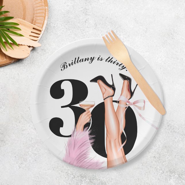 Rosa Bow & Cocktails Coquette Modern 30. Geburtsta Pappteller (Von Creator hochgeladen)