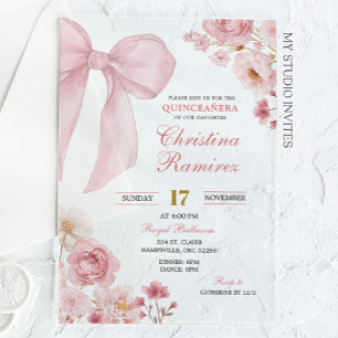Rosa Bow Coquette Blumenstrauß Quinceanera Acryleinladungen