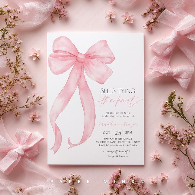 Rosa Bow Corquette verbindet das Brautparty des Kn Einladung (Pink Bow Bridal Shower Invitation | She's Tying The Knot | Coquette Bridal Shower Theme)