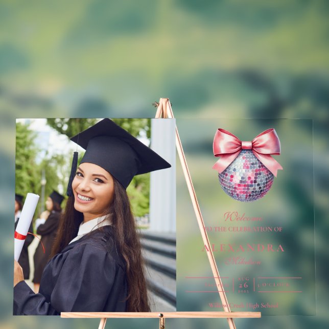 Rosa Bow Disco Ball Graduation Party Acrylschild (Neutral)