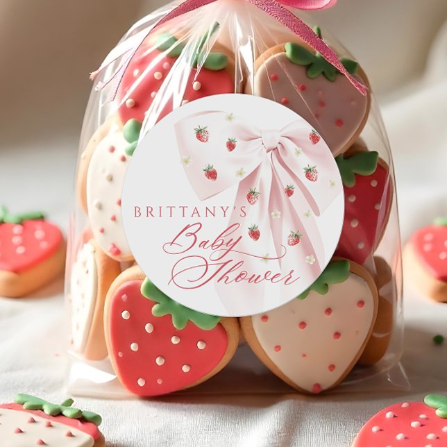 Rosa Bow Erdbeeren Babydusche Runder Aufkleber (Von Creator hochgeladen)