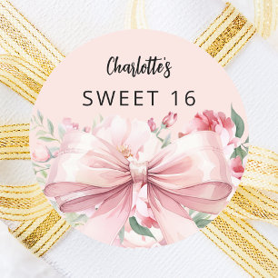 Rosa Bow Florals Sweet 16 Runder Aufkleber