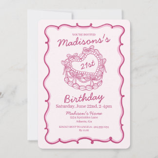 Rosa Bow Retro Herz Coquette Kuchen 21. Geburtstag Einladung