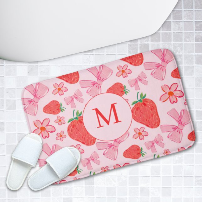 Rosa Bow & Strawberry Girly Monogram Bath Mat Badematte (Pink Bow & Strawberry Girly Monogram Bath Mat
)