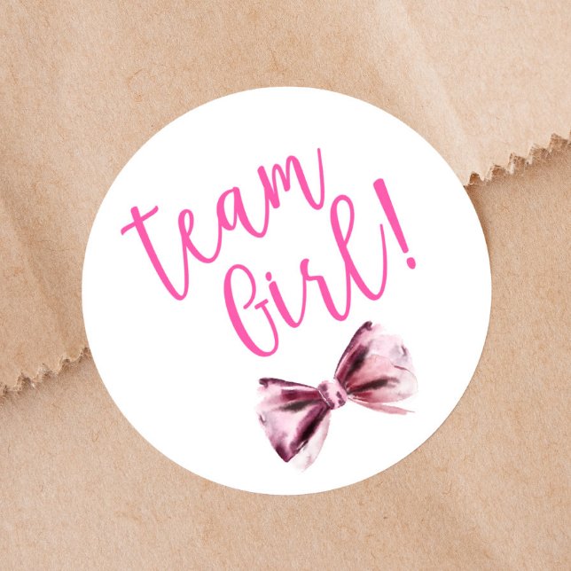 Rosa Bows Team Girl Gender Reveal Party Runder Aufkleber (Von Creator hochgeladen)