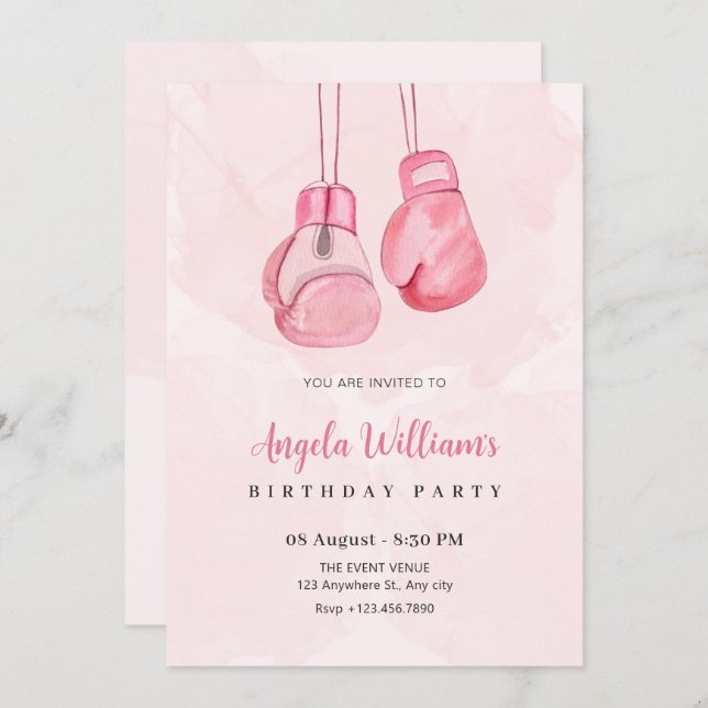 Rosa Boxhandschuhe Geburtstag Einladung (Vorne/Hinten)