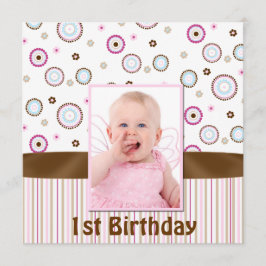 Rosa & Braun Babys Foto Erster Geburtstag Einladun Einladung