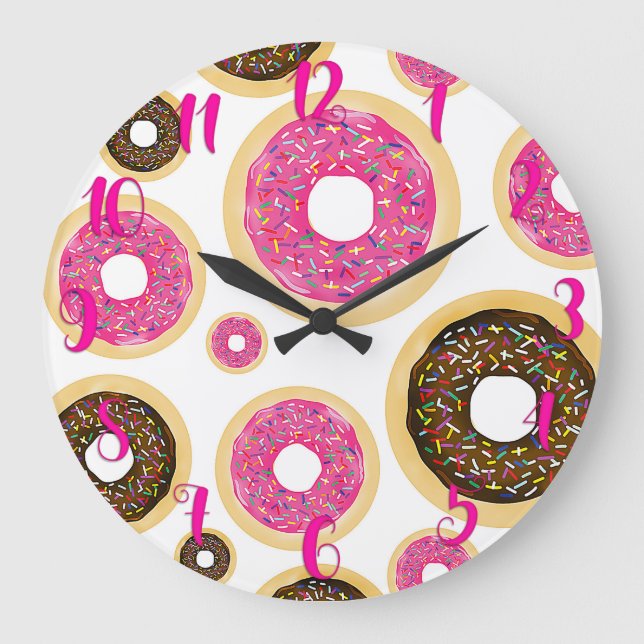 Rosa & Braun Sprinkle Donuts Moderner Spaß Niedlic Große Wanduhr (Vorderseite)