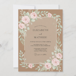 Rosa-braune botanische Aquarell-Hochzeit Einladung