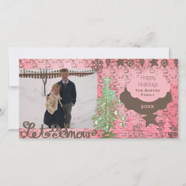 Rosa/braune Schneemänner Weihnachtsfotokarte Feiertagskarte (Vorderseite)