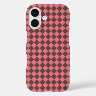 Rosa Braunes Schachbrett Diamantmuster iPhone 16 Hülle