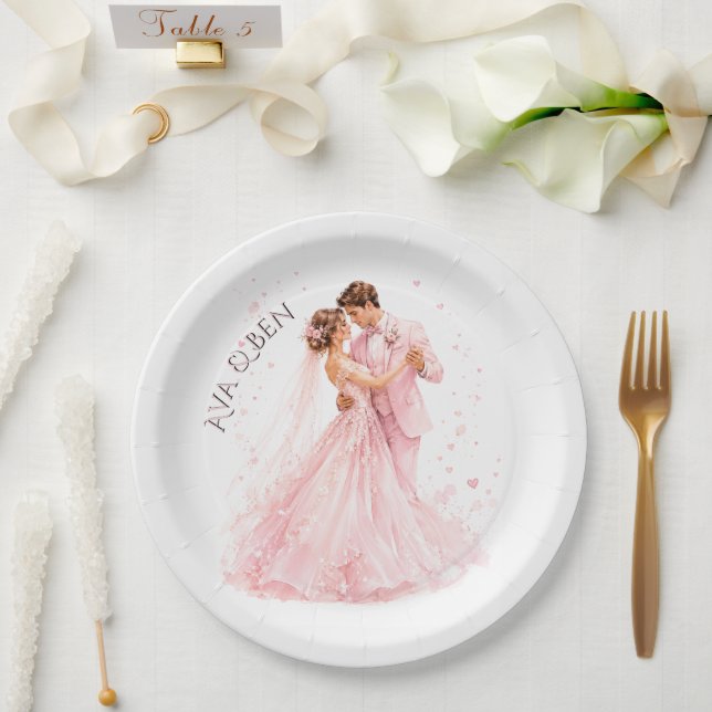 Rosa Braut & Bräutigam Tanzende Hochzeit Pappteller (Hochzeit)