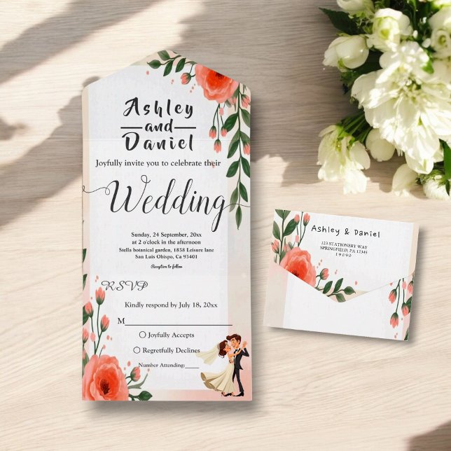 Rosa Braut und Blütenblütenhochzeit in elegantem R All In One Einladung (Von Creator hochgeladen)