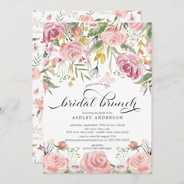Rosa Brautparty Brunch Einladung (Vorne/Hinten)