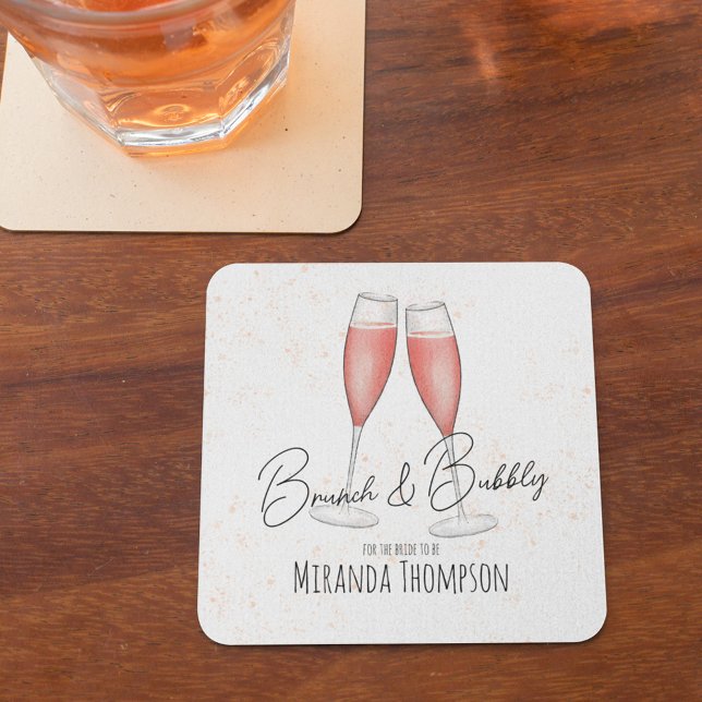 Rosa Brautparty Brunch und Bubbly Rechteckiger Pappuntersetzer (Brunch and Bubbly calligraphy paper coaster)