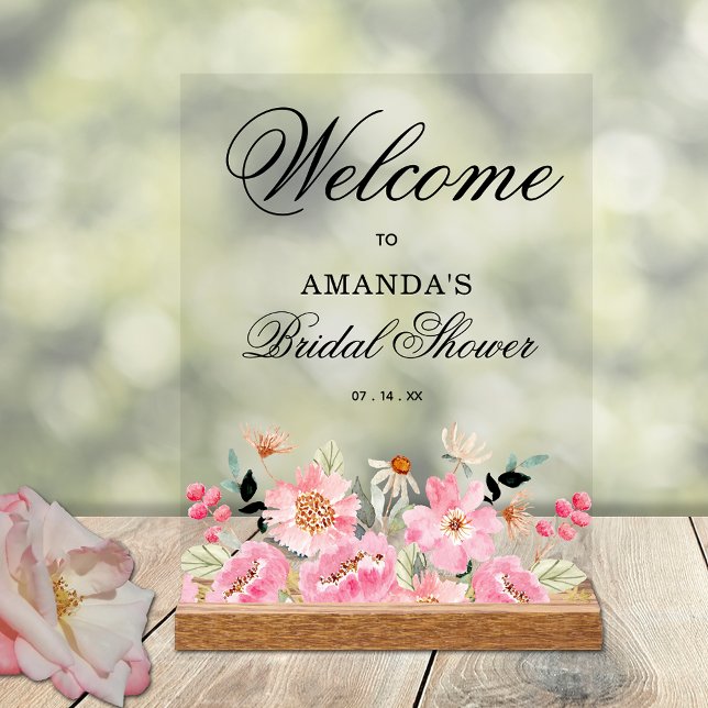 Rosa Brautparty Brunch Willkommen Acrylschild (Pink garden floral bridal shower welcome acrylic tabletop sign)