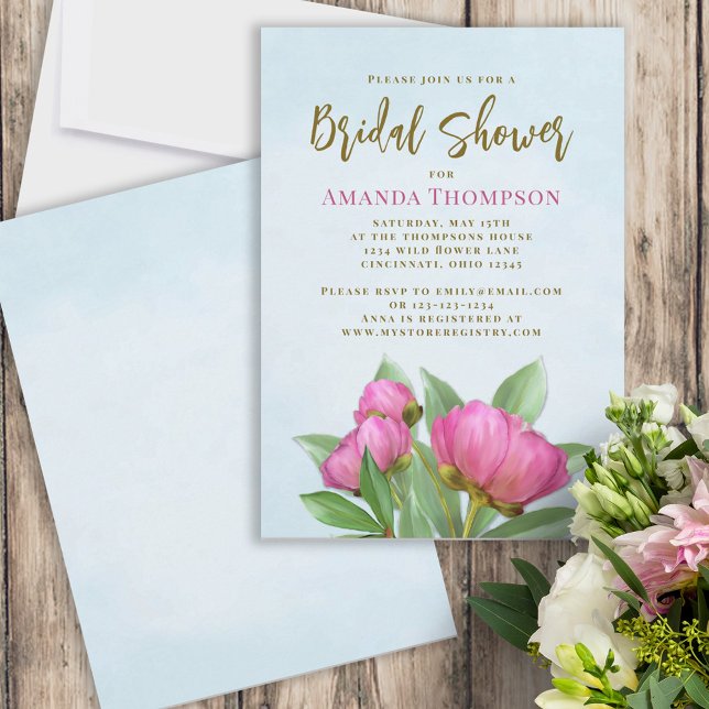 Rosa Brautparty Einladung (Pretty pink peonies bridal shower invitations.)
