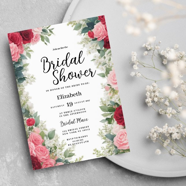 Rosa Brautparty Einladung (Romantic pink red white mint roses Bridal Shower )