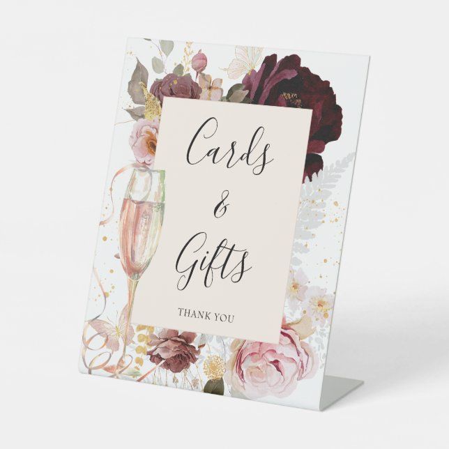 Rosa Brautparty Floral Champagner Sockelschild (Vorderseite)