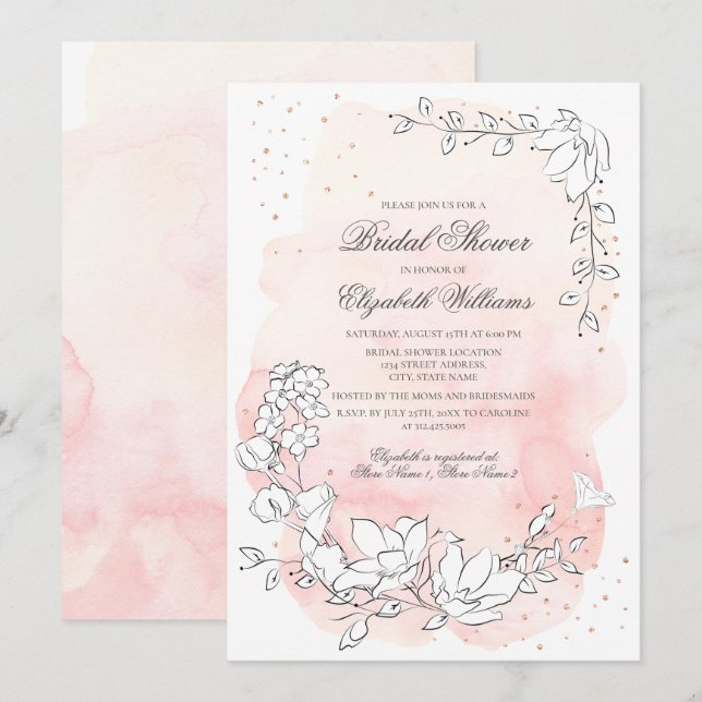 Rosa Brautparty mit Blumenmuster Einladung (Vorne/Hinten)