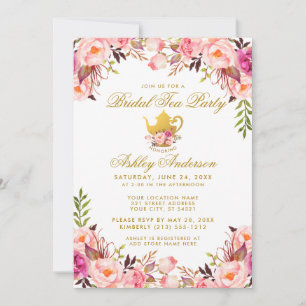 Rosa Brautparty Tee Party Gold Einladung