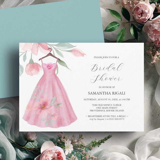 Rosa Bridal Dusche Einladungen Liebe ist in Bloom (Invitations bridal shower pink flowers and dress watercolor by Victoria Grigaliunas Do Tell A Belle)
