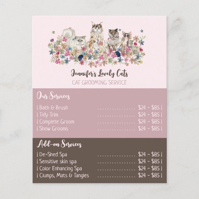 Rosa Broschüre Katzen Grooming-Service Angebote (Vorne)