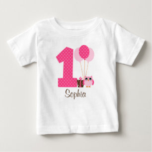 Rosa Brown-Eulen-Tupfen-1. Geburtstags-Mädchen Baby T-shirt