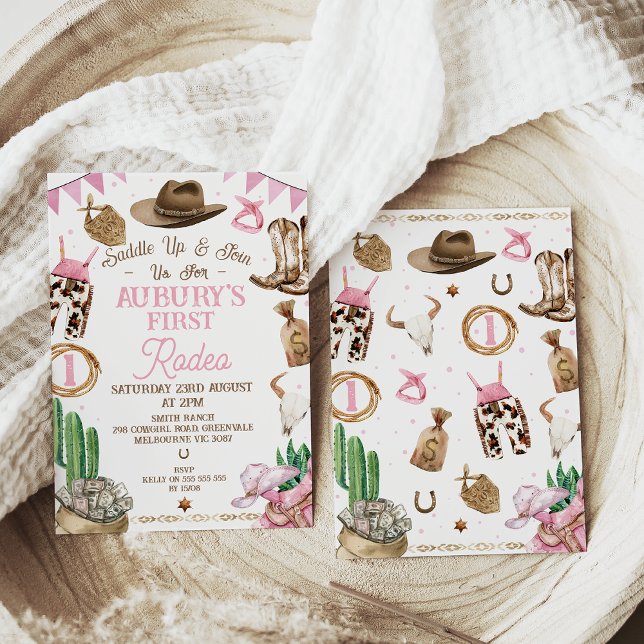 Rosa Brown Girls First Rodeo 1. Geburtstag Einladung (Girl's pink bunting first rodeo birthday invitation for baby girl with pink bunting flags.)