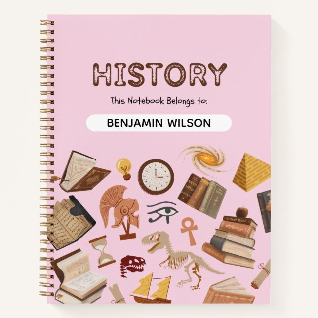 Rosa & Brown History Spiral Notebook - individuell Notizbuch (Vorderseite)