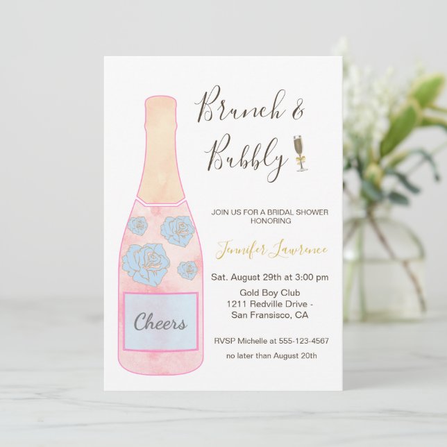 Rosa Brunch Bubbly Champagnerflasche Brautdusche Einladung (Stehend Vorderseite)