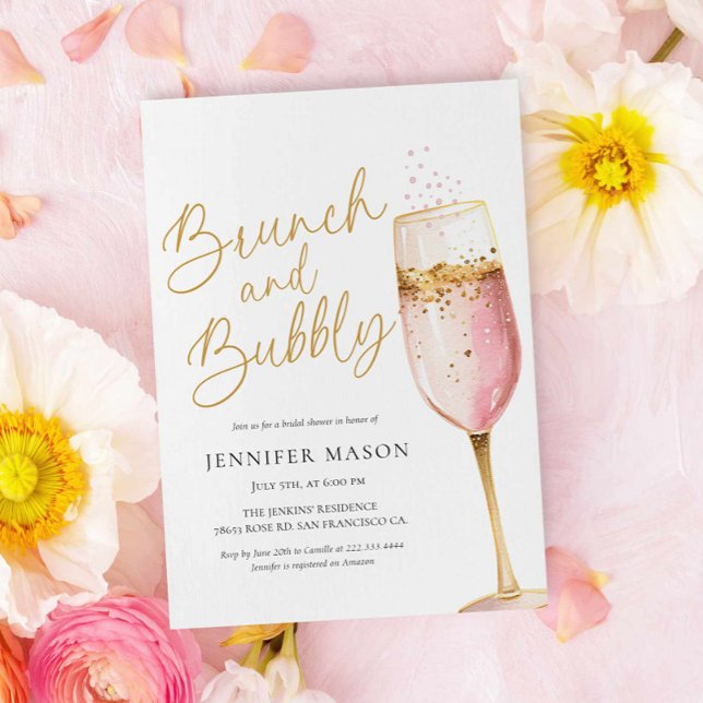 Rosa Brunch und Bubbly Brautparty Einladung (Brunch and Bubbly Pink Champagne Bridal Shower Invitation)