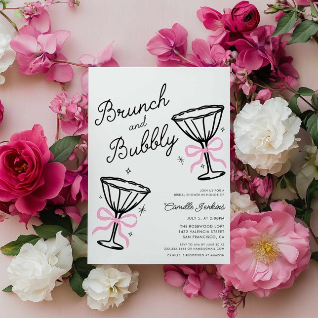 Rosa Brunch und Bubbly Whimsical Hand Drawing Einladung (Pink Brunch and Bubbly Bridal Shower Invitation)