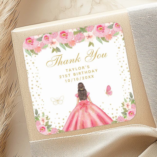 Rosa Brünett Hair Prinzessin Birthday Party Quadratischer Aufkleber (Von Creator hochgeladen)