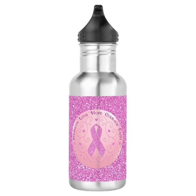 Rosa Brustkrebs Schleife Glitzer Wasser Flasche Trinkflasche (Rechts)