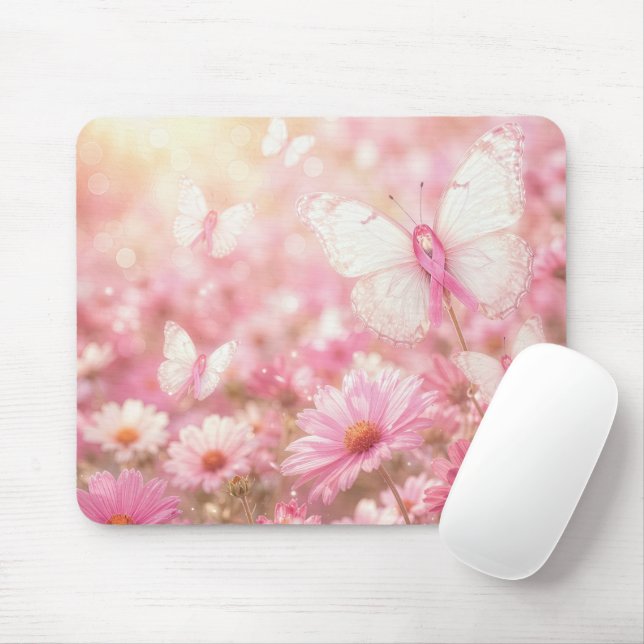 Rosa Brustkrebs-Schleife Schmetterlinge im Garten Mousepad (Mit Mouse)