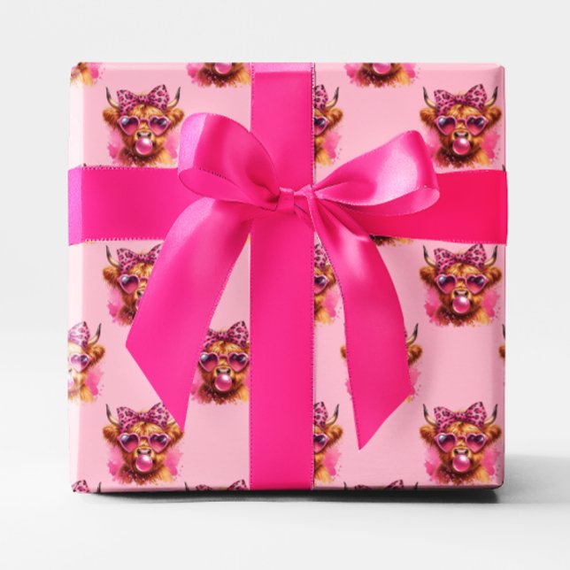 Rosa Bubble Gum Highland Cow Geschenkpapier (Pink Bubble Gum Bubble Highland Cow Gift Wrap)