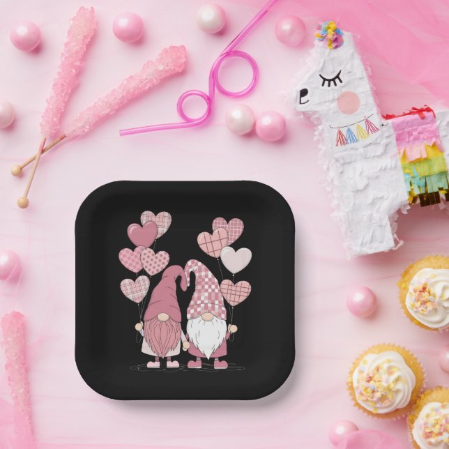 Rosa Buffalo Kariertes Herz Gnomes Valentinstag Pappteller (Party)